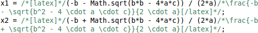 Roots of a quadratic function with commented LaTeX